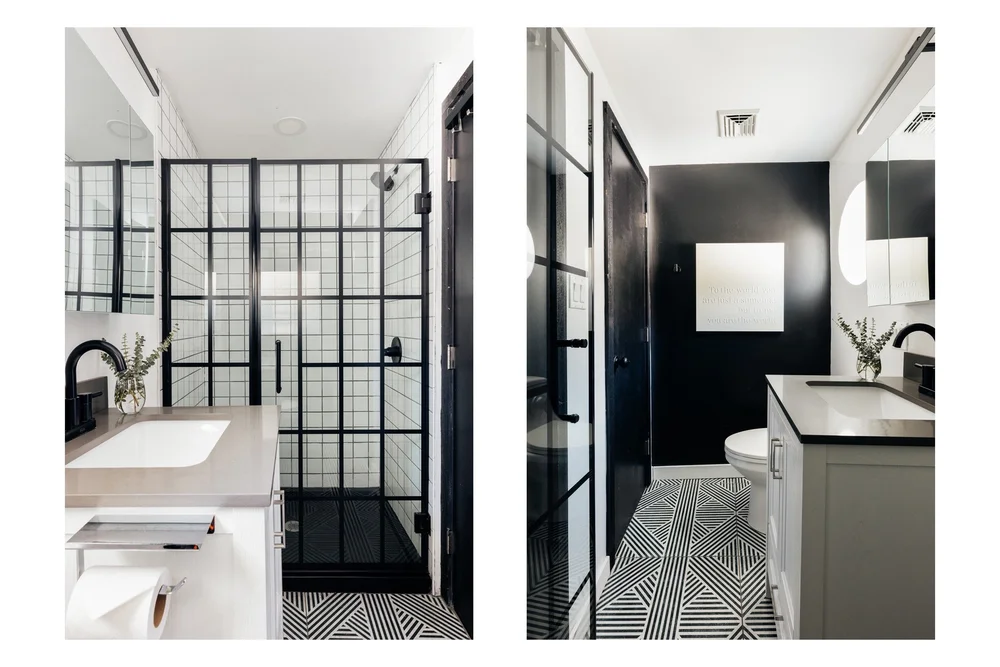 Modern black and white bathroom with glass shower